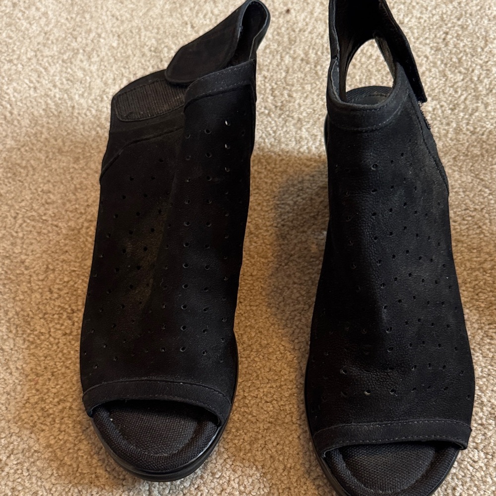 Black Perforated Open-Toe Heeled Booties